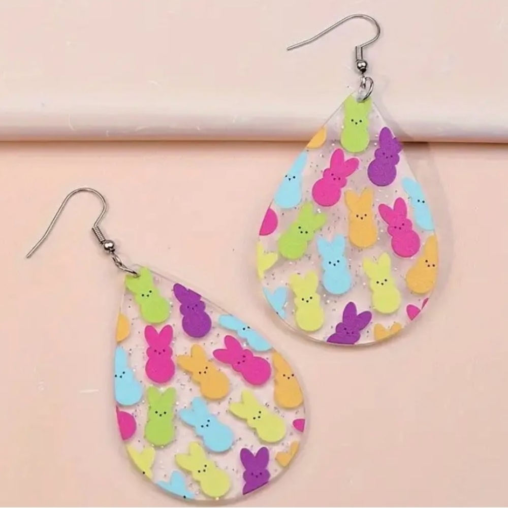 Easter Colorful Peeps Rabbit Acrylic Water Drop Dangle Earrings